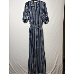 BONDED  Pant Romper Drawstring Waist Front Button Women Size Medium Blue White
